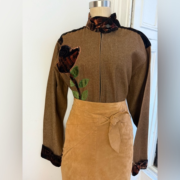 Vintage Jackets & Blazers - Vintage Raw Denim Brown Half Zip Jacket Velvet Trim Floral Appliqué handmade